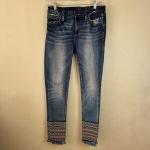 Miss Me Ankle Skinny Embroidered Hem Dark Wash Jean 26